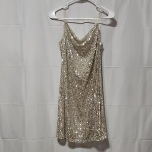 Bebe Silver Cowl Neck Sequin Mini Dress  Size: Medium